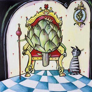 Artichoke Queen with cat ceramic tile trivet or wall art 8x8"